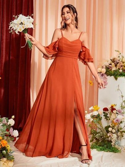 Dark Orange Bridesmaid Dresses, Dusty Orange Bridesmaid Dresses, Late Summer Wedding Color Palette, Light Orange Bridesmaid Dresses, Orange Bridesmaids Dresses, Fall Bridesmaid Dress Colors, Bridesmaid Dresses Orange, Weading Dress, Coral Orange Dress