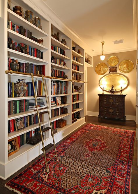 Modern Cottage Library, Upstairs Landing Library, Book Hallway, Best Bedrooms In The World, Bookshelf Hallway, Foyer Library, Library Bedroom Master Suite, Classic Library Room, White Home Library