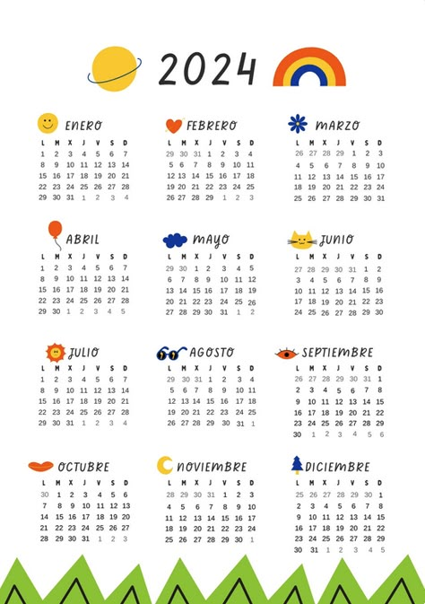 Use this customizable Calendario anual 2024 con estilo infantil alegre template and find more professional designs from Canva. #calendario #calendariogratis2024 #plantillacalendarioanual #gratiscalendario #imprimible #gratis Calendario 2023 Aesthetic, Calendario Aesthetic, Cute Calendar Template 2024, Calendario Cricut, Sanrio Calander 2024, Printable Coloring Calendar 2024, Calendar Design Template, Creative School Project Ideas, Modern Calendar