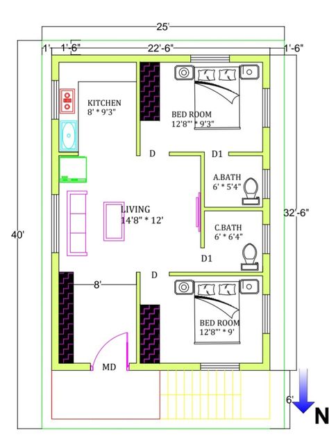 North face 2BHK, 25×40, 1000sq ft 800 Sq Ft House, 20x30 House Plans, North Facing House, 20x40 House Plans, Small Apartment Building, 2bhk House Plan, Face Home, Mubarak Images, 3d Home Design