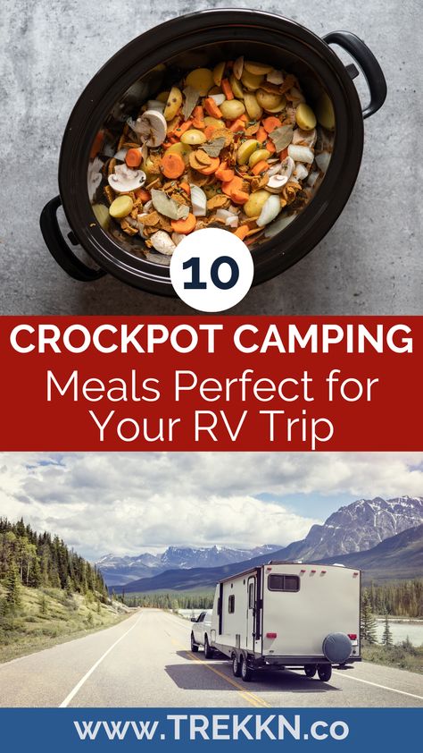 Looking for simple and delicious crockpot camping meals that are perfect for your RV? Look no further! From easy comfort foods to the best lunch and dinner dishes, we've got you covered with these 10 amazing crockpot camping meals. All of which can be made in no time, so you can spend more time out exploring! Visit trekkn.co for the recipes! Rv Crockpot Recipes, Soups For Camping Crock Pot, Crock Pot Meals For Camping, Travel Crockpot Meals, Slow Cooker Camping Recipes, Soups For Camping, Fall Camping Dinner Ideas, Cold Weather Camping Meals, Camping Crockpot Meals Easy Dinners