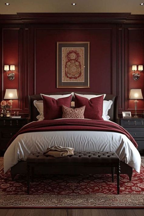 Deep Red Bedroom Walls, Moody Red Bedroom, Deep Red Bedroom, Dark Red Bedroom Aesthetic, Dark Red Bedroom, Red Room Ideas, Bedrooms Romantic, Chocolate Brown Bedrooms, Red Bedroom Walls