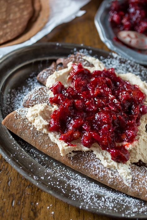 These gingerbread crepes with ginger cranberry compote are the perfect winter dessert. Full of fluffy vanilla mascarpone filling and ready in under an hour! Mascarpone Filling, Cranberry Compote, Winter Dessert, Holiday Eating, Winter Desserts, Crepe Recipes, Amish Recipes, Christmas Breakfast, Tapenade