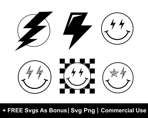 Smiley Face Lightning Bolt Eyes, Wander Art, Smiley Face Lightning Bolt, Lightning Clipart, Dude Birthday Party, Cool Stencils, Silhouette Stencil, Smiley Faces, Print Decals