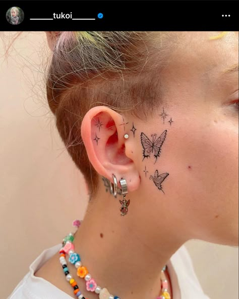 Girly Small Face Tattoo, Small Butterfly Face Tattoo, Mini Face Tattoos For Women, Butterfly Tattoo On Face, Simple Face Tattoos For Women, Tiny Face Tattoo, Cute Face Tattoos For Women, Face Tats For Women, Sparkle Face Tattoo