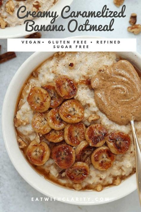 Caramelized banana oatmeal is all I need on a Saturday morning. Carmelized Banana Healthy, Oatmeal With Banana, Pecan Halves, Sandwich Vegetarian, Caramelized Banana, Caramelized Bananas, Tofu Scramble, Makanan Diet, Vegan Banana