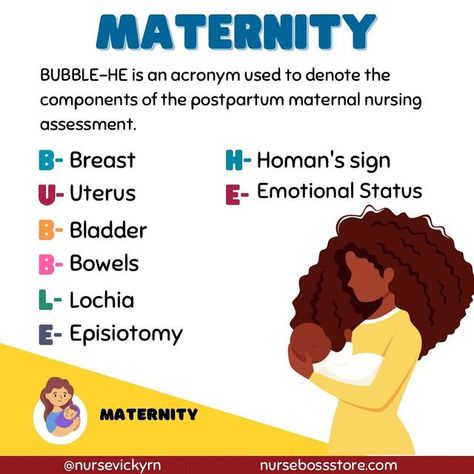 Nurse Educator, RN, MN, PhDN(c) on Instagram: "BUBBLE-HE is a great mnemonic to remember postpartum maternal assessment." Postpartum Assessment Nursing, Postpartum Nursing Notes, Homans Sign, Nursing Knowledge, Nurse Notes, Nurse Educator, Nurse Study, Postpartum Nursing, Student Midwife