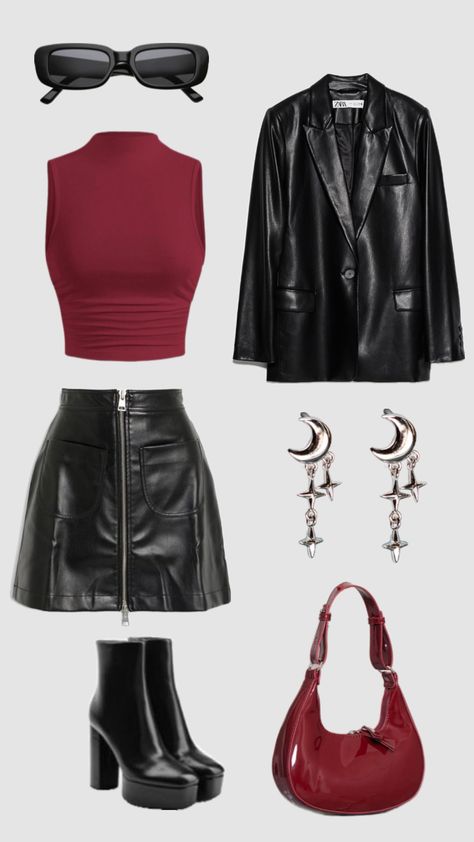 #redandblack #redfitinspo #leatherskirt #cherryredaesthetic #blazeroutfit #classy#classyoutfit #leatherfit Red Night Out Outfit, Dramatic Outfits Style, Jazz Style Fashion, Outfit Ideas For Concert Night, Office Party Outfit Night Classy, Jazz Concert Outfit, Concert Fit Ideas, Party Outfit Night Classy, Concert Outfit Aesthetic