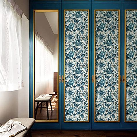 Wallpaper On Wardrobe Doors, Wallpaper Wardrobe Doors, Wallpaper Closet Doors, Wardrobe Shutters, Paper Shelf, Furniture Stickers, Floral Furniture, Wallpaper Door, Wardrobe Door Designs