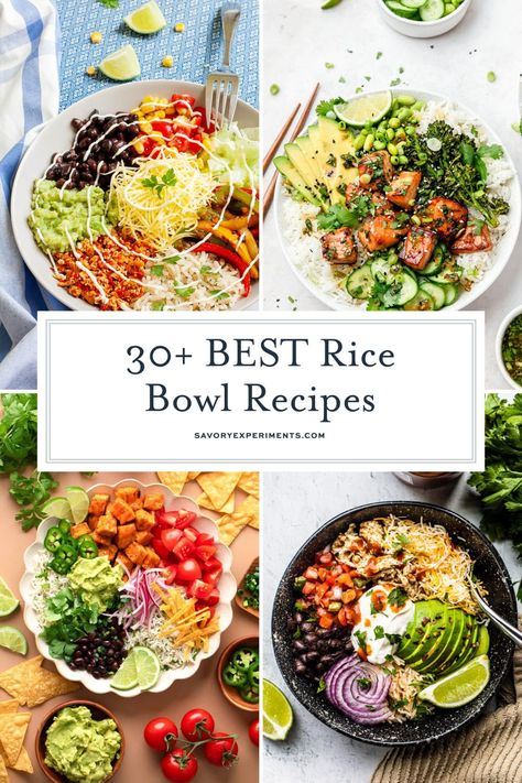 These EASY Rice Bowl Recipes are perfect for a busy weeknight. They're big on flavor and will surely become a family favorite in no time! Mediterranean Rice Bowl Recipe, California Rice Bowl, Healthy Bowls For Dinner, Rice Bowl Ingredients, Rice Bowl Recipes For Dinner, Asian Rice Bowls Vegetarian, Pancheros Rice Bowl, Rice Bowl Toppings, Dinner Bowls Healthy Recipe Ideas