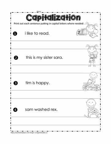 Fix The Sentence First Grade, Capital Letters Activities, Fix The Sentence, Capitalization Worksheets, Capital Letters Worksheet, Writing Sentences Worksheets, Sentence Writing Activities, Probability Worksheets, Punctuation Worksheets