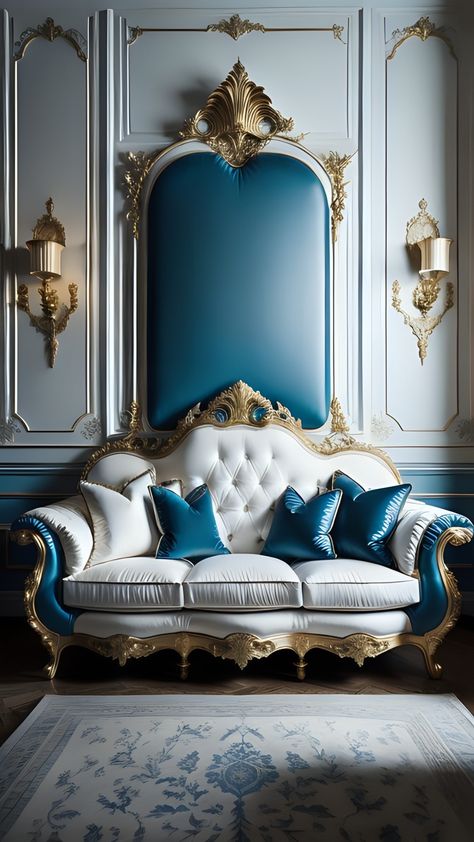 a white couch with blue pillows in a room, ornate furniture, lavish rococo baroque setting, luxury furniture, white elegant baroque design, rococo and baroque styles, the style of rococo, elegant and ornate, rococo color scheme, exquisitely ornate, rococo elements, elegant furniture, rococo and art nouveau fusion, neoclassical style, ornate and elegant #RococoRevival #BaroqueBeauty #LavishLuxury #ElegantFurniture #OrnateDecor Couch With Blue Pillows, French Rococo Aesthetic, Rococo Living Room, Rococo Elements, Rococo Architecture, Rococo Interior Design, Inteior Design, Gold Couch, Rococo Baroque