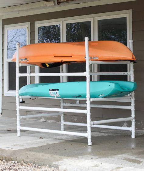 Pvc Kayak Storage, Outdoor Kayak Rack, Easy Kayak Rack, Camper Kayak Rack, Pvc Projects Outdoor, Kayak Storage Racks Outdoor Diy, Sup Rack, Kayak Stands Diy, Pvc Kayak Rack Diy