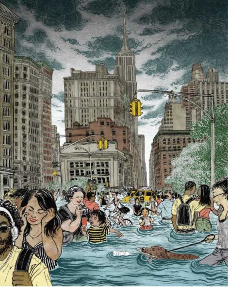 One Perspective Drawing, Yuko Shimizu, Water Flood, Mother Jones, School Of Visual Arts, Sea Level Rise, Juxtapoz Magazine, City Illustration, Adobe Creative Cloud