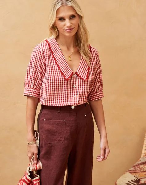 Red Gingham Ric Rac Shirt | Women's Shirts | Brora Fashion Gingham Top Outfit, Gingham Shirt Outfit, Red Gingham Shirt, Chelsea Collar, Gingham Outfit, Gingham Blouse, Red Fits, Gingham Tops, Gingham Shirt