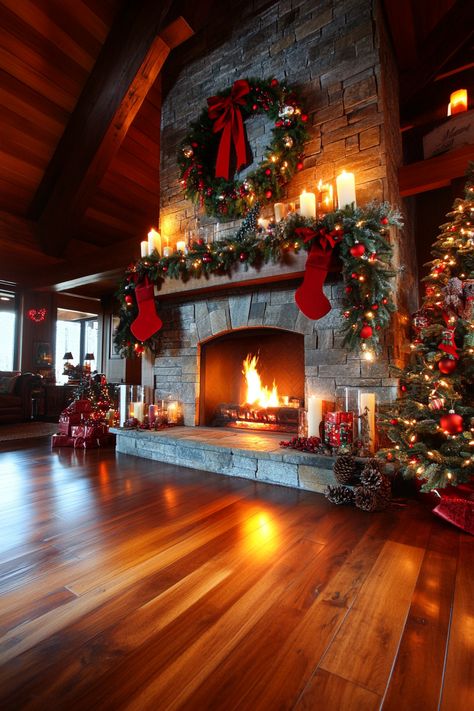 Transform your living room with this cozy winter home decor! A beautifully decorated fireplace, garland, and stockings bring warmth and festivity to your space. Perfect for creating a welcoming atmosphere. #WinterHomeDecor #HolidayDecor #CozyLiving Large Fireplace Christmas Decor, Cozy Christmas Living Room Fireplaces, Christmas Family Room Decor, Cozy Christmas Aesthetic Living Room, Cozy Fireplace Aesthetic, Cozy Winter Home, Christmas Interior Decor, Cozy Christmas Living Room, Fireplace Garland