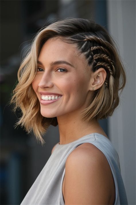 Discover how to elevate your look with stunning short hair styles featuring delicate fishtail braids. This combination not only adds texture and interest to your hairstyle but also keeps it stylishly chic. Perfect for both casual outings and special occasions, these braids effortlessly enhance your short hair. Get inspired to sport this trendy, elegant 'do and embrace your individuality! #ShortHairStyles #FishtailBraids #HairInspiration #ChicHairstyles Short Hair Updo With Braid, Half Braid Short Hair, Braids For Short Straight Hair, Short Evening Hairstyles, Side Braids Short Hair, Short Hair Night Out Hairstyles, One Shoulder Dress Hairstyles Short Hair, Short Braided Hairstyle Women, Side Braid Hairstyles Short Hair