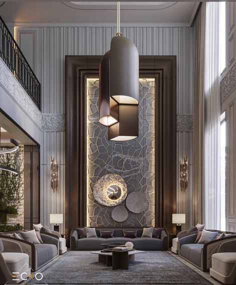 Double Height Wall Design, High Ceiling Living Room Modern, Modern Lobby, Double Height Living Room, Drawing Room Design, Living Room Wall Designs, High Ceiling Living Room, Lobby Interior Design, Double Height