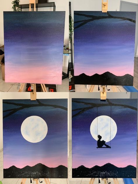 Sunset Canvas Painting, Sky Art Painting, Small Canvas Paintings, Simple Canvas Paintings, Cute Canvas Paintings, Easy Canvas Art, Canvas Painting Designs, Painting Ideas On Canvas, Landscape Art Painting