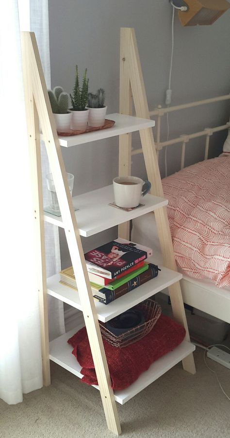 Ladder Nightstand Bedside Tables, Bookcase Bedside Table, Bookshelf As Bedside Table, Ladder Bedside Table, Tall Shelves As Bedside Tables, Bedside Ladder Shelf, Diy Bedside Shelf, Tall Bedside Table Ideas, Bedside Shelf Ideas