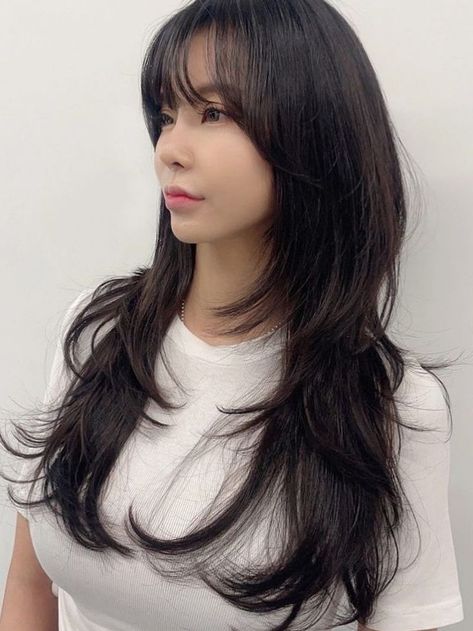 (Korean Layered Haircut) hush cut for long waves Long Soft Wolfcut, 3layer Haircut, Kpop Layered Haircut, Layer Haircut Bangs, Japanese Haircut Long Layered Hair, Long Hush Cut With Bangs, Long Hair Wolfcut With Bangs, Long Hush Cut Straight Hair, Hush Cut Long Hair Straight