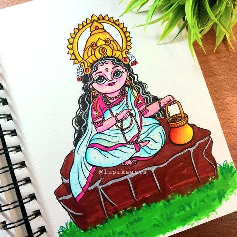 Maa Brahmacharini Drawing, Ganeshji Painting, Bhagwan Drawing, Mata Drawing, Maa Brahmacharini, Art Deco Curtains, Ma Durga, God Pics, Easy Cartoon