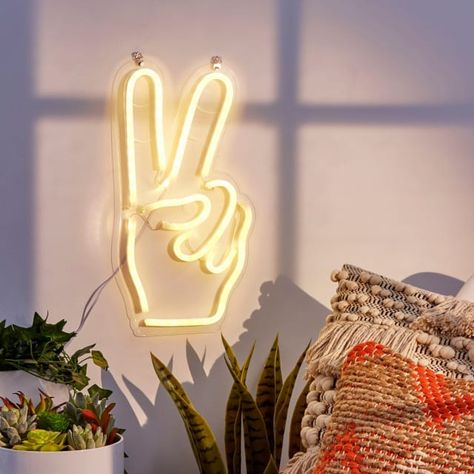 Vibes! We have this same neon sign showcased. Led Lights White, Arrow Image, Small Modern Living Room, Peace Light, Hangout Room, Peace Hand, Dorm Sweet Dorm, Neon Room, Marquee Sign