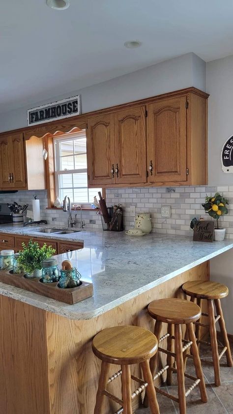 Oak Kitchen Remodel, Cottagecore Garden, Honey Oak Cabinets, Oak Kitchen Cabinets, Cool Wood Projects, Oak Kitchen, Oak Cabinets, Kitchen Redo, Counter Tops