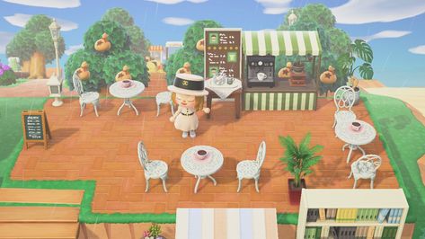 Animal Crossing Coffee Shop Design, Animal Crossing Coffee Stall, Bakery Animal Crossing, Animal Crossing Coffee Shop, Animal Crossing Shop Ideas, Acnh Coffee Shop, Animal Crossing Coffee, Shop Animal Crossing, Acnh Summer