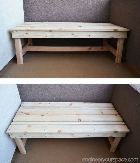 I was looking for an inexpensive seating option that would maximize seating on a narrow balcony (it’s only 4.5 ft wide) and that would be good for lounging. After looking at a few options, I decided to build a simple bench, much like the ones that I had built for my NYC apartment balcony. I tweaked the design a bit to make it wider so it was more like a sofa than a bench and I also added bracing to make it sturdier. It only cost $30 in materials, plus the stain, and by having all the w… Build Your Own Garage, Balcony Bench, Simple Bench, Narrow Balcony, Simple Benches, Diy Balcony, Diy Bench Outdoor, Outdoor Seat Cushions, Woodworking Workbench