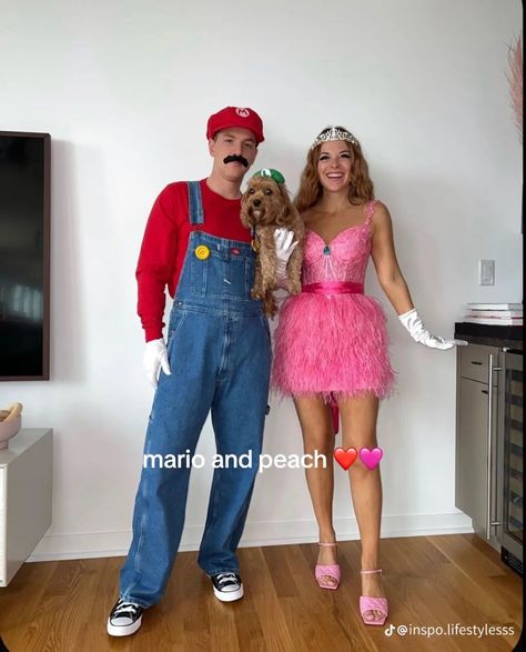 Princess Peach Couple Costume, Easy Cute Couples Costumes, Cute Diy Couple Costumes, Couples Halloween Costume Princess, Pink Couple Costume, Basic Halloween Costume Couples, Halloween Customs Couple, Appropriate Couples Costumes, Snowwhite Costume Couple