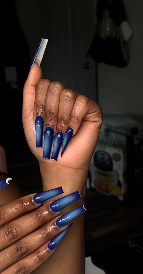 Long Dark Blue Nails, Nail Designs Dark Blue, Icy Blue Nails, Icy Nails, Ballerina Acrylic Nails, Junk Nails, Halloween Acrylic Nails, Nail Blue, Gel Nails Diy