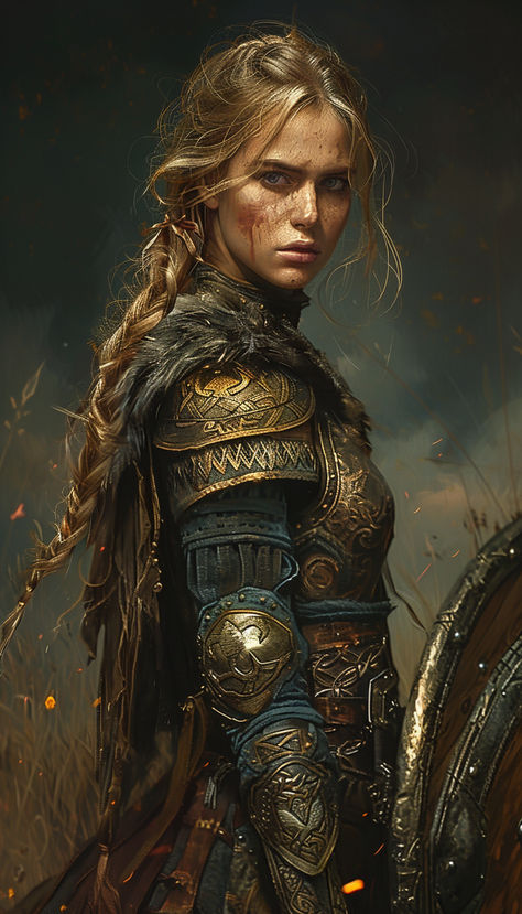 Viking Warrior Shield Maiden Victorian Warrior Woman, Viking Fantasy Aesthetic, Shield Maiden Aesthetic, Female Warrior Hairstyles, Medieval Queen Aesthetic, Female Warrior Aesthetic, Blonde Warrior Woman, Viking Woman Art, Warrior Woman Aesthetic