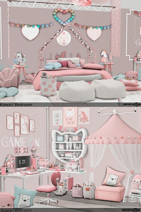 Kawaii Bedroom is a great place for a teenage sim, for leisure, studying and gaming.. ✨Have fun!✅BASE GAME + CC from TSR ✌️Click on the post and download✔️ #ts4builds #sims4 #sims4builds #sims4home #sims4builds #sims4buildsideas #ShowUsYourBuilds #thesims4 #Sims4 #sims4rooms #sims4game#ts4#sims4houses #sims4cc #sims4interior #ts4cc #thesims4 #simshousedesign Sims 4 Cc Furniture Functional Tsr, Sims 4 Pink Furniture, The Sims 4 Plushies Cc, Sims 4 Toddler Room Ideas, Sims 4 Cc Furniture Functional Bedroom, Sims 4 Pink Furniture Cc, Sims 4 Bunk Bed, Sims 4 Teenage Bedroom, Bookshelves And Tv