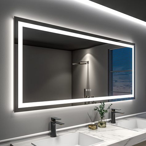 PRICES MAY VARY. 【Front lights and Backlit】- ODDSAN LED bathroom mirrors are double lighted, with both front and back led strips, brighter than the mirror only with backlit or front light. This lighted vanity mirror will bring enough lights for makeup and shaving. The stylish design makes the bathroom modern and high-end. 【Stepless Colors Adjustable and Dimmable】- All the colors changes are controlled by touch button on the mirror surface. The colors can be adjustable from warm white (3000K) to cold white (6000K) steplessly by long press the light button . And each color temperature is dimmable as you like. The brightness setup will be remembered for your next use when it is controlled by wall switch. 【Anti-Fog Mirror】- With a defog film attached on the back of light up mirror, it will be Backlit Bathroom Mirror, Vanity Mirror With Lights, Illuminated Mirrors, Lighted Vanity Mirror, Bathroom Mirror Lights, Led Bathroom, Led Mirror Bathroom, Mirror Wall Bathroom, Dimmable Led Lights