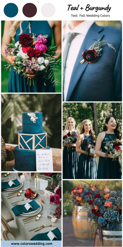 Dark Teal Burgundy Gold Wedding, Fall Teal Bridesmaid Dresses, Teal And Ruby Wedding, Dark Teal And Yellow Wedding, Dark Teal And Burgundy Wedding Decor, Peacock Blue Wedding Colors, Teal And Burgundy Wedding Ideas, Teal And Mauve Wedding, Burgundy Teal Wedding