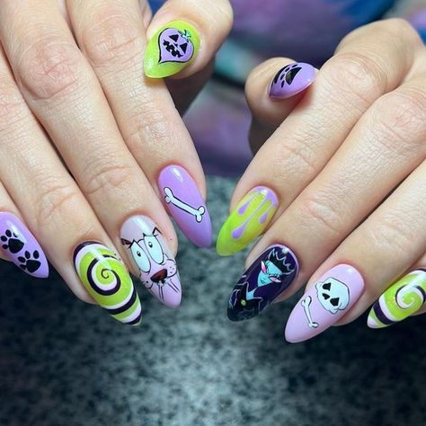 JMoneyNails on Instagram: "Courage the Cowardly Dog 🌀 set inspired by @nailz_by_dev !!! #nails #nailart #nyc #nycnails #handpainted #gelnails #nailinspo #brooklyn #couragethecowardlydog" Courage The Cowardly Dog Halloween Nails, Book Of Life Nails, Courage The Cowardly Dog Nail Art, Scooby Doo Halloween Nails, Courage Nails, Cartoon Halloween Nails, Courage The Cowardly Dog Costume, Courage The Cowardly Dog Nails, Nails Acrylic Spooky