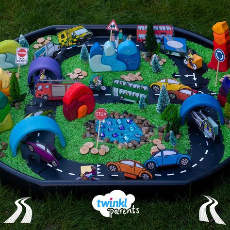 For hours of fun, why don’t you create a transport small world tuff tray using our printable vehicles? Build a road for all the cars, buses, bikes and emergency vehicles to drive along. Dyed rice can be used to create a landscape for your miniature town, including grass and a lake. Why not use other items such as toy houses, trees and pebbles to create beautiful scenery for all the vehicles to drive by? This invitation to play is perfect for encouraging your children to play imaginatively. Road Safety Tuff Tray, Car Tuff Tray Ideas, Car Tuff Tray, Transport Tuff Tray Ideas, Small World Tuff Tray, Transport Tuff Tray, Transport Activities, Sensory Basket, Miniature Town