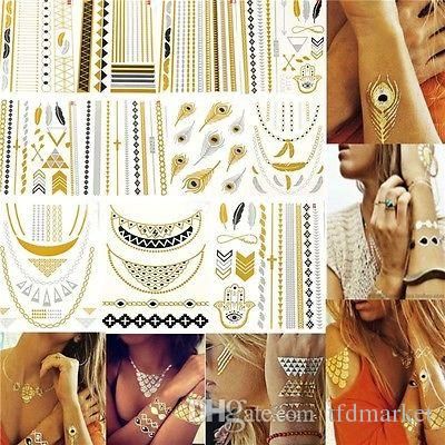 12 Hot Sheet Temporary Metallic Tattoo Gold Silver Black Flash Temporary Tattoos Trendy Body Art Tattoo Sticker from Tfdmarket,$0.57 | DHgate.com Places To Hide Tattoos, Black Flash Tattoos, Flash Tatoos, Candy Skull Tattoo, Tattoo Ideas For Guys, Candy Tattoo, Metallic Tattoo, Jewelry Tattoos, Tattoo Gold