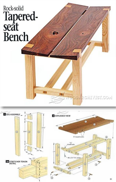 Tapered Seat Bench Plans - Outdoor Furniture Plans & Projects | WoodArchivist.com Small Woodworking Shop, Bench And Table, Used Woodworking Tools, Woodworking Chair, Woodworking Projects Furniture, Seat Bench, Woodworking Bed, Woodworking Projects For Kids, Small Woodworking Projects