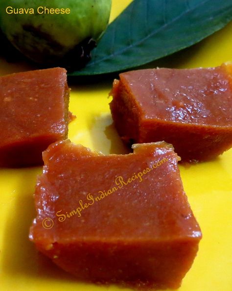 Guava Cheese (Red Goan Perad, Goiabada, Pasta de guayaba, Guayabate, Perad) - Perad, also known as Guava Cheese is a very popular dessert from Goa. http://simpleindianrecipes.com/Home/GuavaCheese.aspx Christmas Sweet Recipes, Guava Recipes, Guava Fruit, Brown Sugar Recipes, Trini Food, Easy Indian Recipes, Goan Recipes, Popular Desserts, Cuban Recipes