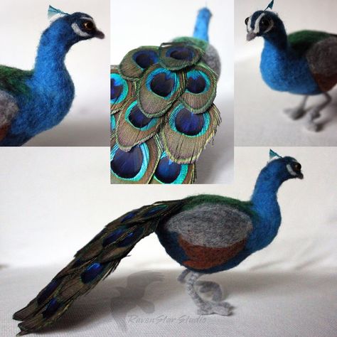 Silken Peacock, Needle Felted Peacock, Peacock Doll, Felted Blue Bird, Peacock Crafts, Peacock Feather Brooch, Bird Feathers, Needle Felting, Felt