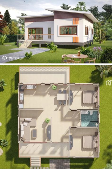 Elevated two-bedroom bungalow with a cottage look Small House Plans One Floor, Two Bedroom Bungalow House Plans, House Design Small Simple, Two Bedroom House Plans Modern, 2 Bedroom Bungalow Floor Plans, Small House Layout 2 Bedroom, Small House Plans 2 Bedroom, Flat Houses, Two Bedroom Bungalow