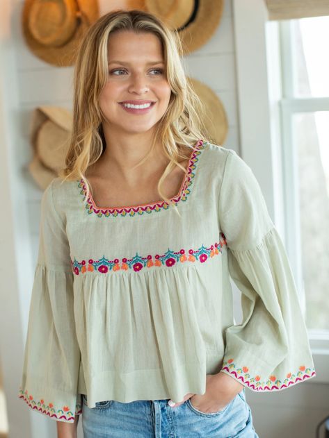 Boho Shirts & Tops, Babydoll Tops, Embroidered Tops, Summer Cotton Tops, Embroidered Kurti, Babydoll Shirt, Collar Fashion, Fashion Top Outfits, Fashion Tops Blouse