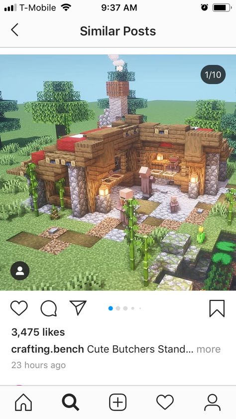 Cute Villager Stands Minecraft, Butchers Shop Minecraft, Butchers Minecraft, Butcher Minecraft Ideas, Villager Trading Area Minecraft, Butchers House Minecraft, Minecraft Butcher Shop Ideas, Butcher House Minecraft, Butcher Shop Minecraft