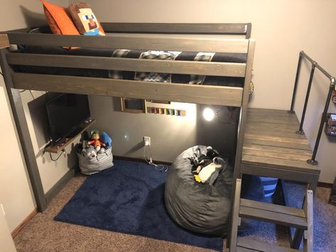 Gaming Setup Under Loft Bed Bunk, Bunk Beds With Gaming Area, Loft Bed With Hangout Area, Loft Bed Kids Room Boy, Loft Bed Tv Under, Under A Loft Bed Ideas, Lego Loft Bed, Boy Loft Room, Under Bed Gaming Setup