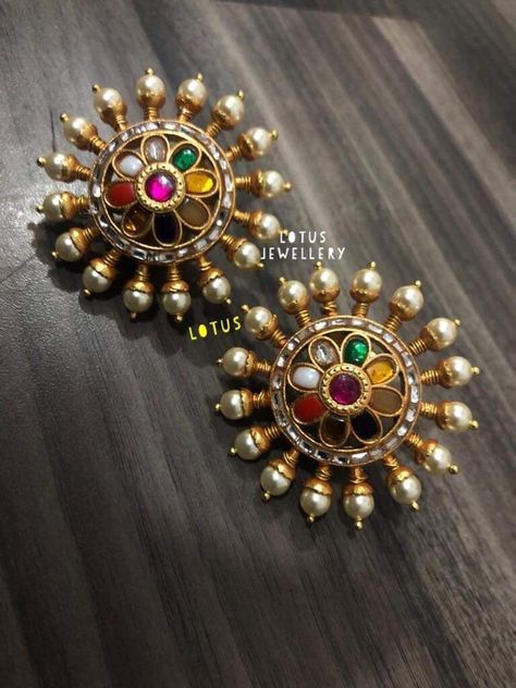 Navarathan Earrings, Navarathna Ear Rings, Navarathna Studs, Navaratna Earrings Gold, Pearl Bridal Jewelry Sets, Gold Earrings Indian, Antique Necklaces Design, Gold Earrings Models, Antique Gold Jewelry Indian