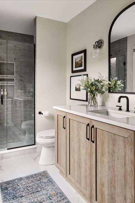 Natural Wood And Black Bathroom, Nuetral Pallete Bathrooms, Modern Farmhouse Bathroom Joanna Gaines, Simple Master Bath, Modern Farmhouse Guest Bathroom, Earth Tone Bathroom Ideas, Master Bathrooms 2024 Trends, Transitional Master Bath, Full Bathroom Ideas