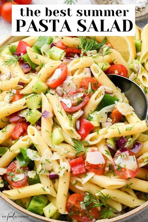 This summer pasta salad is bright and flavorful. A delicious homemade lemon dressing, fresh dill and in-season summer vegetables make this lemon pasta salad irresistibly delicious! A perfect BBQ side dish! Honey Lemon Pasta Salad, Pasta Salad With Lemon Vinaigrette, Cold Lemon Pasta Salad, Cold Pasta Salad Dressing, Summer Pasta Salad Recipes Cold, Lemon Pasta Salad, Light Pasta Salads, Lemon Pasta Salads, Pasta Salad Dressing Recipe