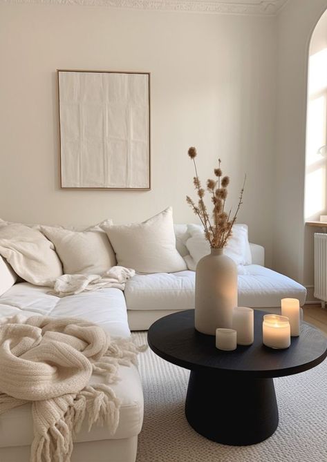 White Black Neutral Living Room, Neutral Living Room White Couch, White Apartment Aesthetic Living Room, Black And Beige Aesthetic Living Room, Black And Cream Living Room Ideas, Cream Sofa Decor, White Sofa Living Room Color Combos, Calm Home Aesthetic, Beige Apartment Aesthetic